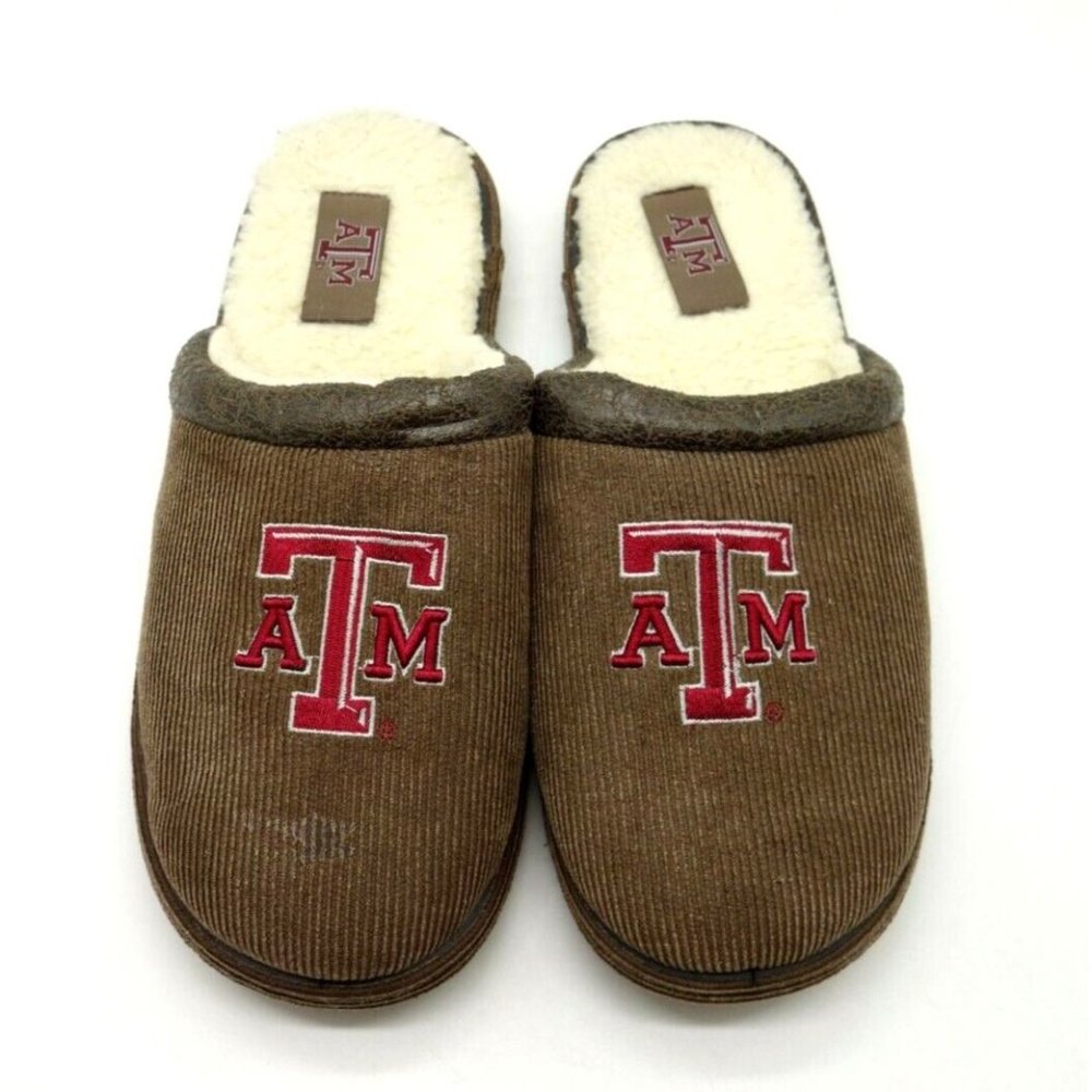 Team Sport Texas A&M Logo Brown Faux Fur Lined Slippers Shoes Mens Large 11 / 12